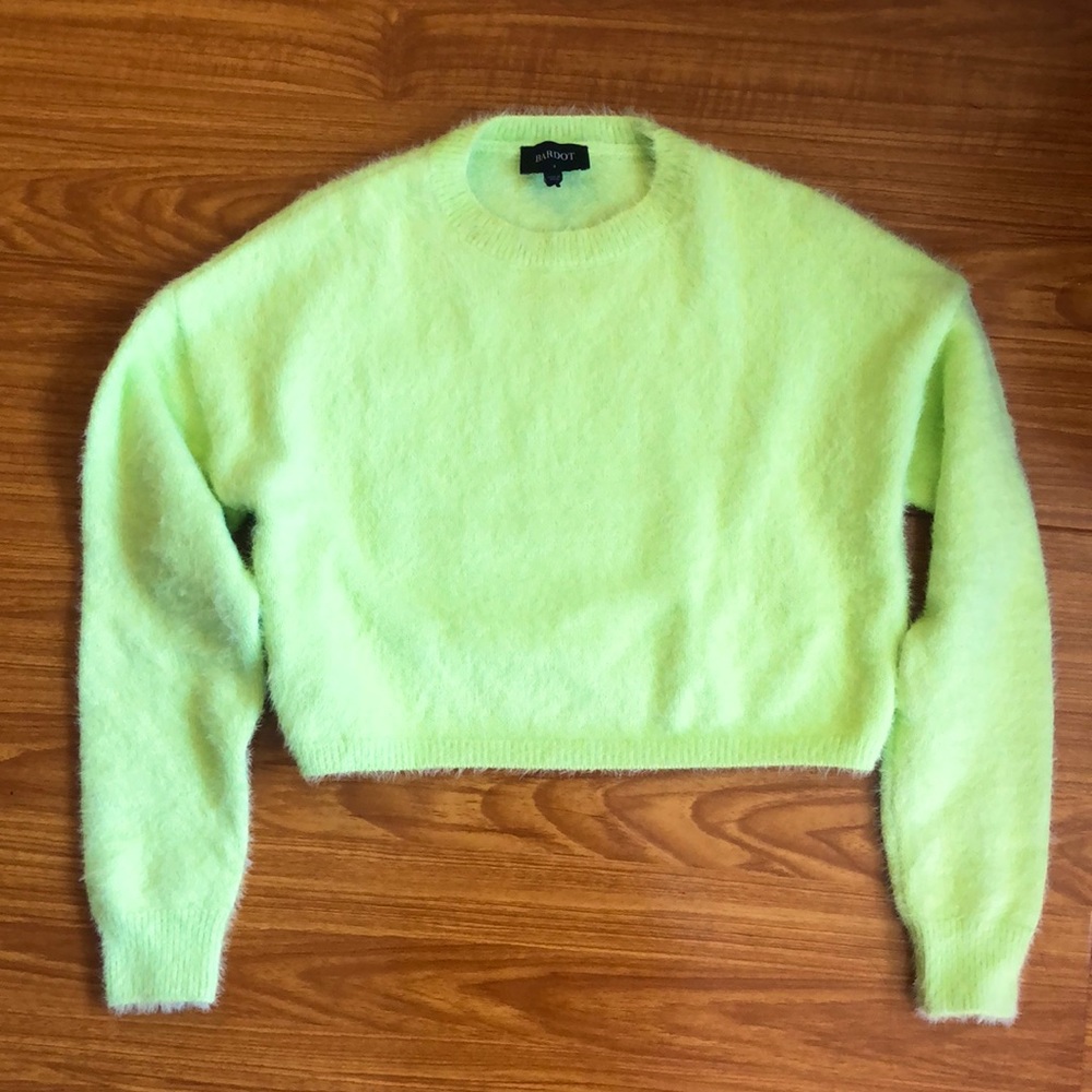 Bardot crop neon yellow fuzzy/furry sweater - brand new
